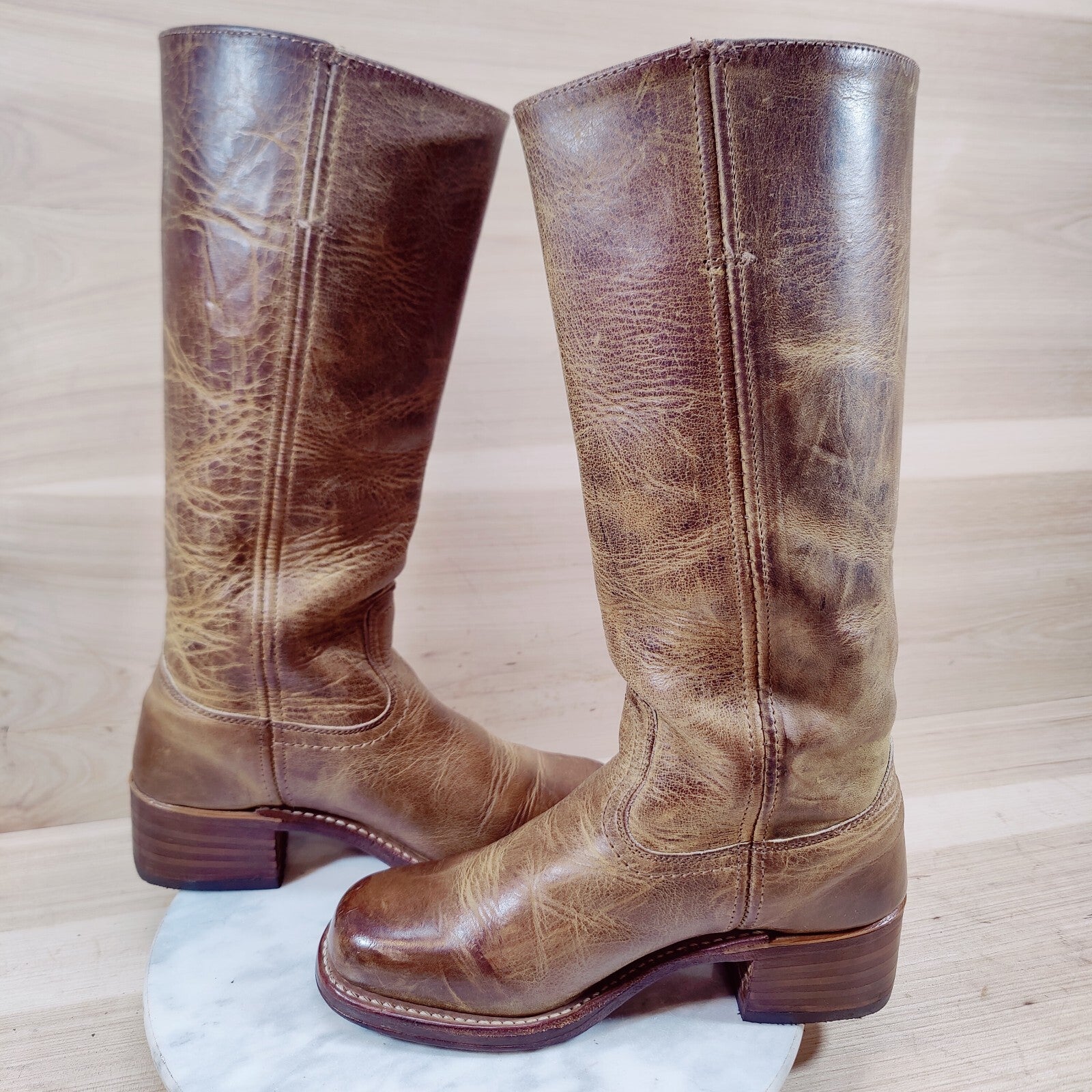 Vintage Frye Campus Boots Women 6 M Golden Brown Square Toe 14L Distressed