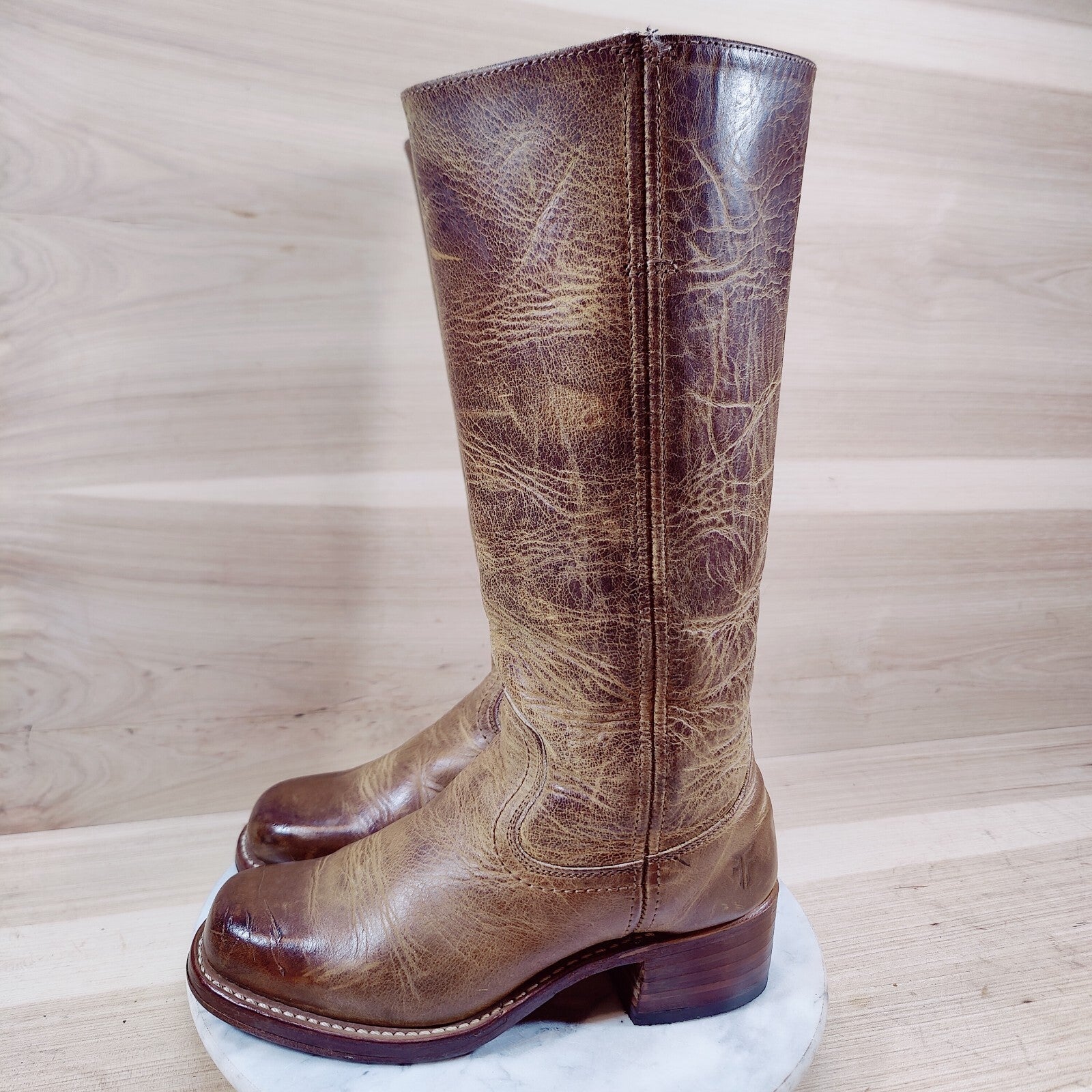 Vintage Frye Campus Boots Women 6 M Golden Brown Square Toe 14L Distressed