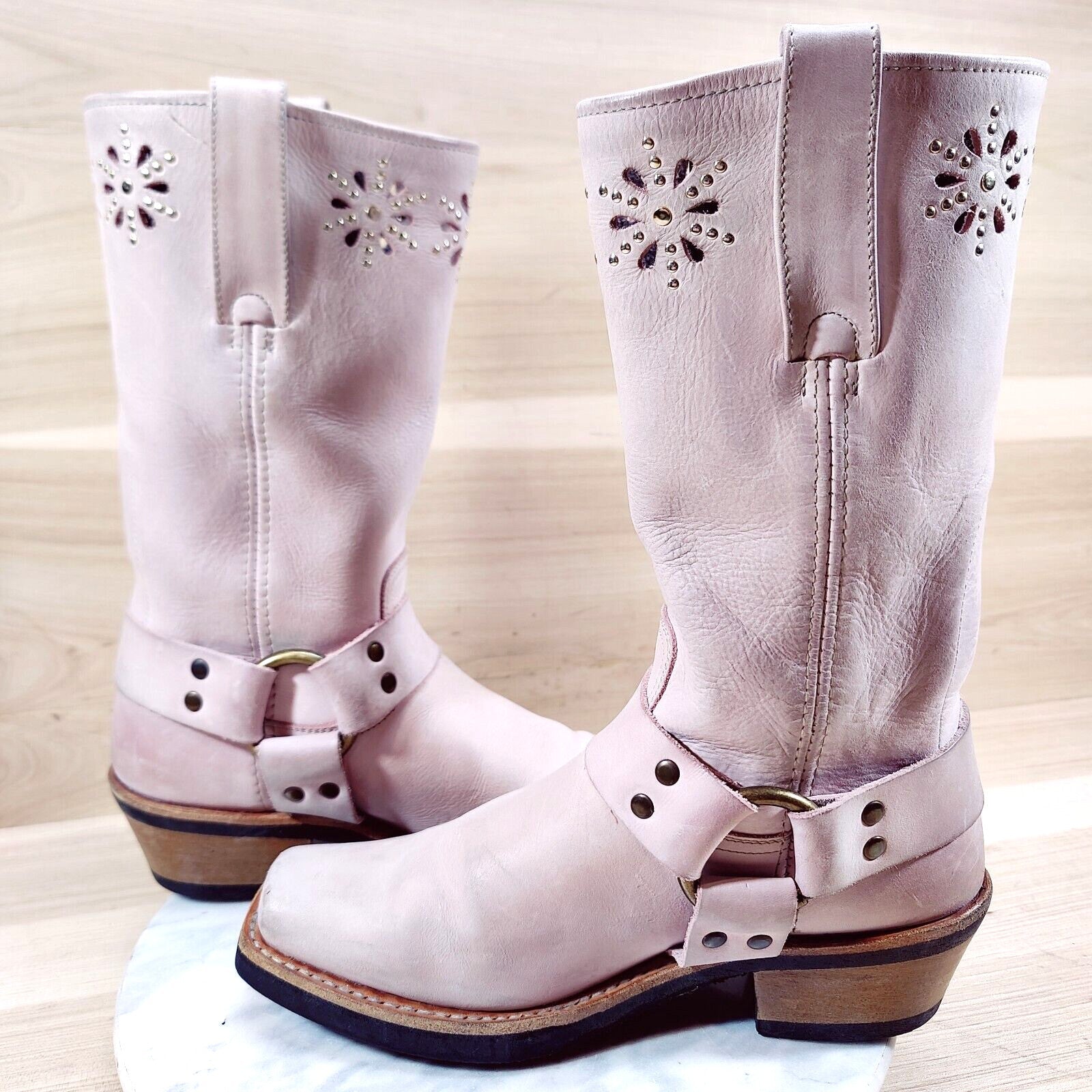 Vintage Frye Harness Flower Boots Womens 7 M Pink 12R Moto Square Toe Western