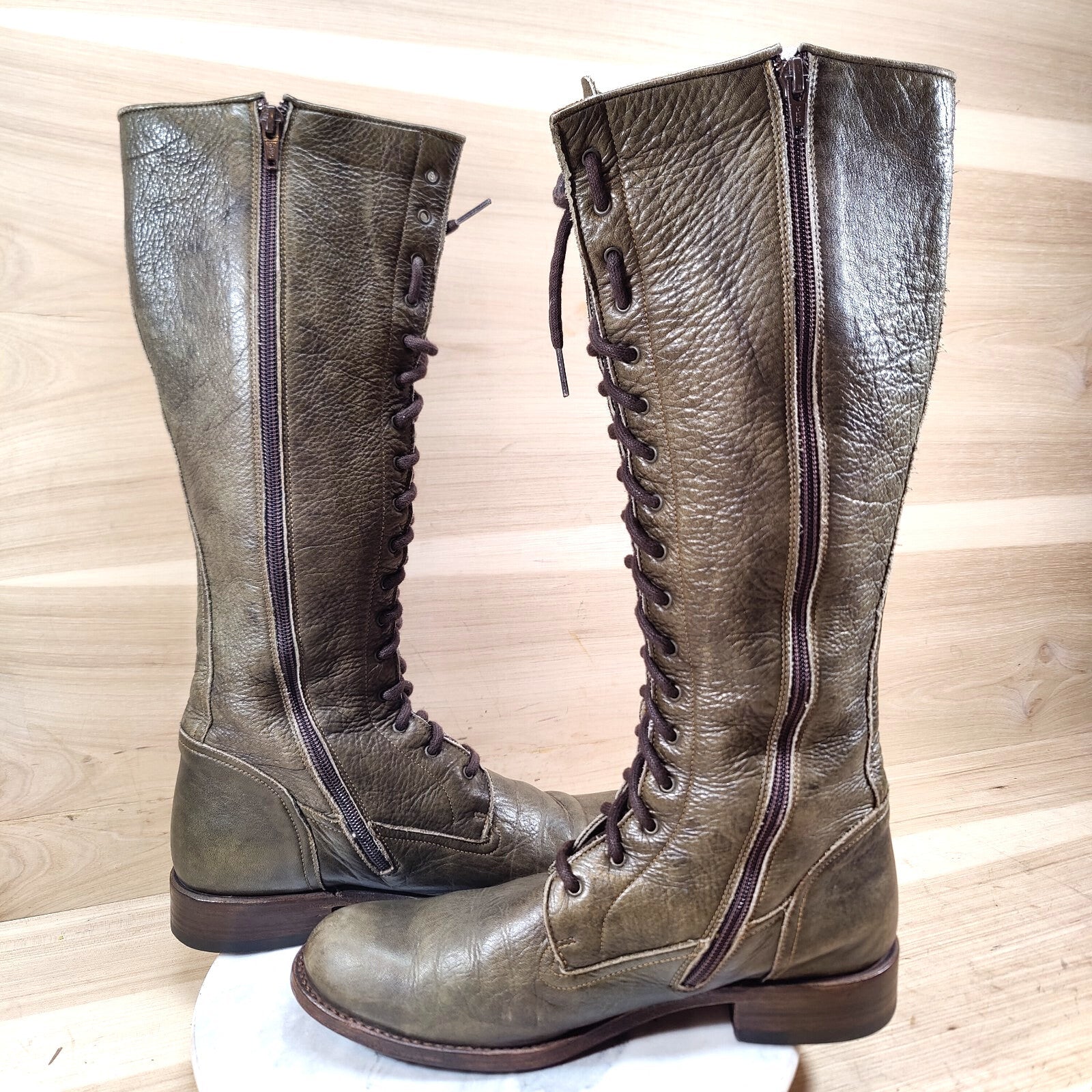 Vintage Frye Vienna Tall Lace Up Boots Women 9.5 M Green Combat Knee High