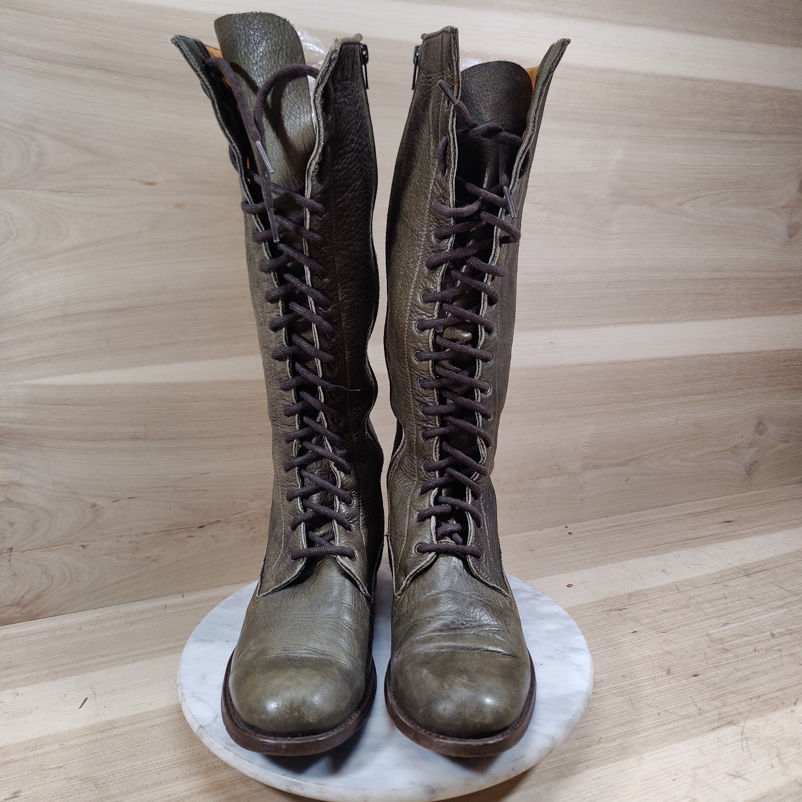 Vintage Frye Vienna Tall Lace Up Boots Women 9.5 M Green Combat Knee High