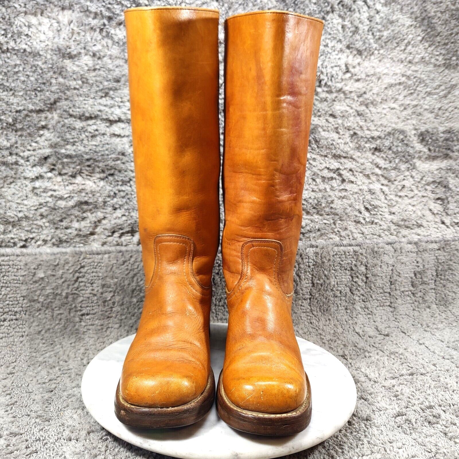 Vtg 60s 70s Frye Campus Boots Womens 7 Orange Tan Square Toe Black Label