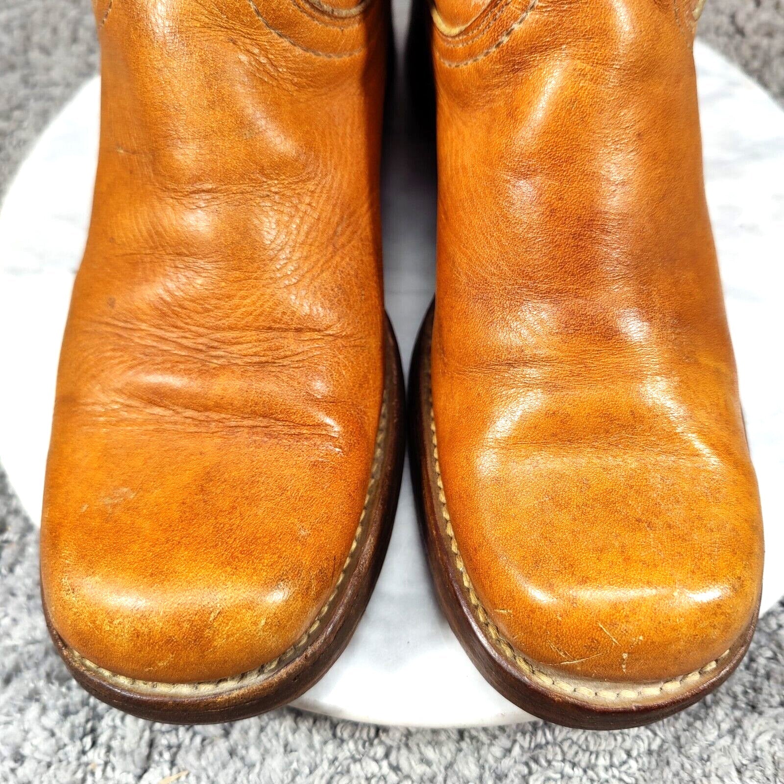 Vtg 60s 70s Frye Campus Boots Womens 7 Orange Tan Square Toe Black Label