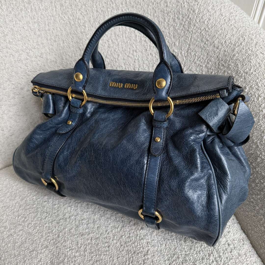 🔥 Authentic Miu Miu Vitello Lux Blue Leather Handbag Pre-owned 🔥