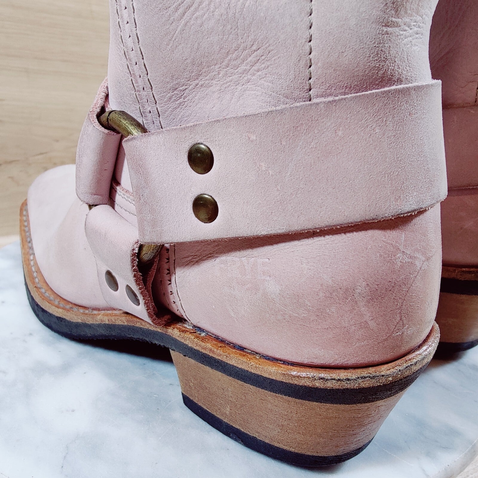 Vintage Frye Harness Flower Boots Womens 7 M Pink 12R Moto Square Toe Western