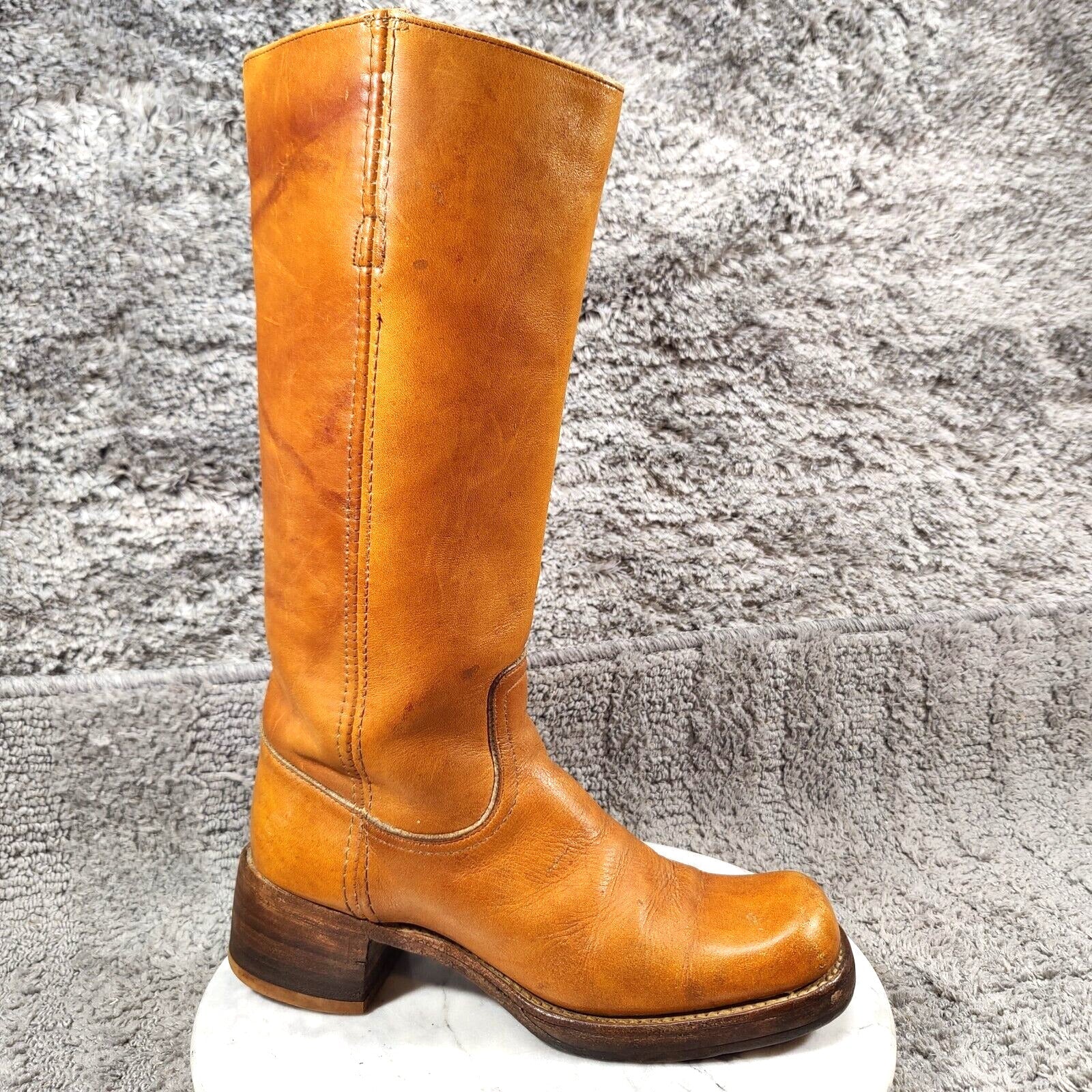 Vtg 60s 70s Frye Campus Boots Womens 7 Orange Tan Square Toe Black Label