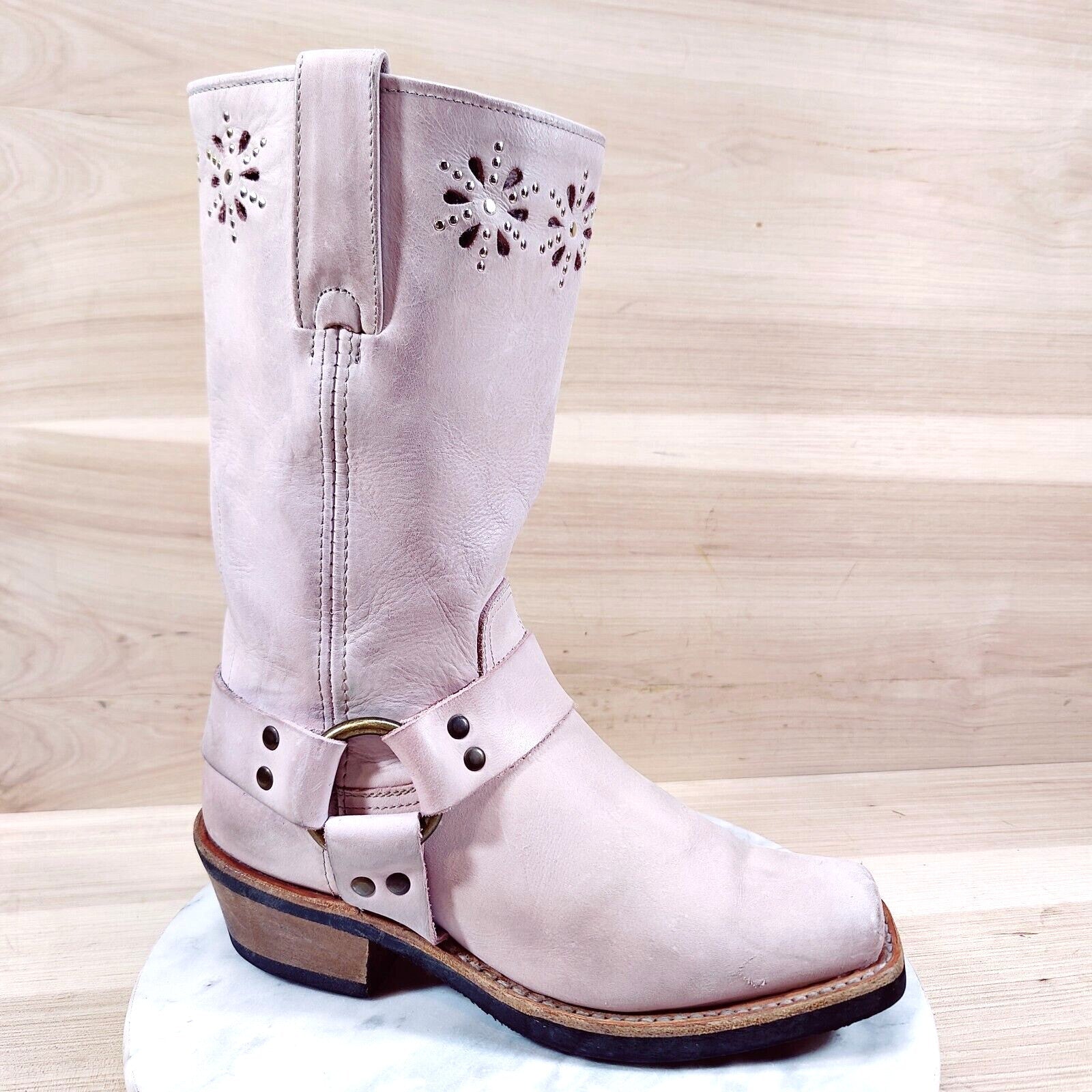 Vintage Frye Harness Flower Boots Womens 7 M Pink 12R Moto Square Toe Western
