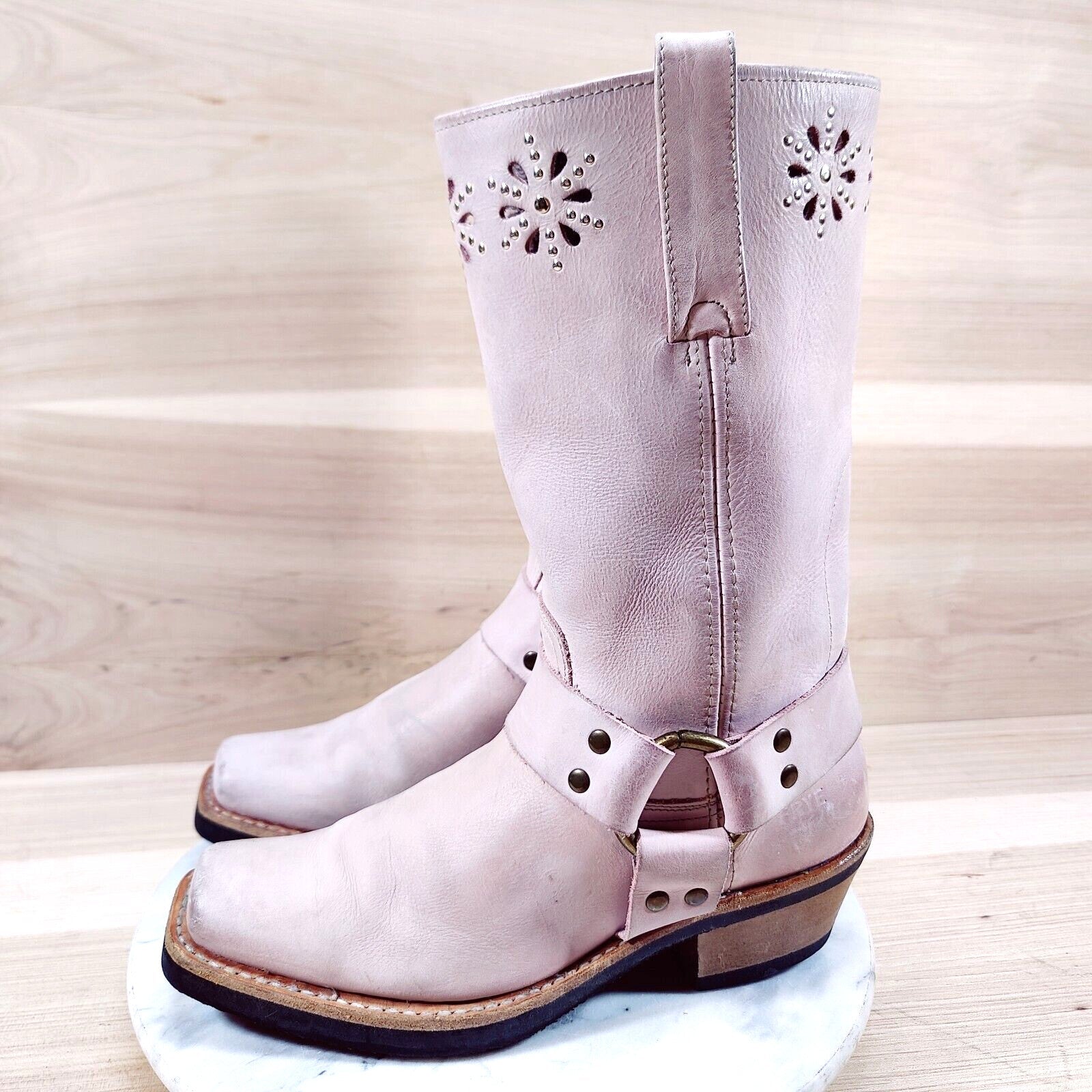 Vintage Frye Harness Flower Boots Womens 7 M Pink 12R Moto Square Toe Western