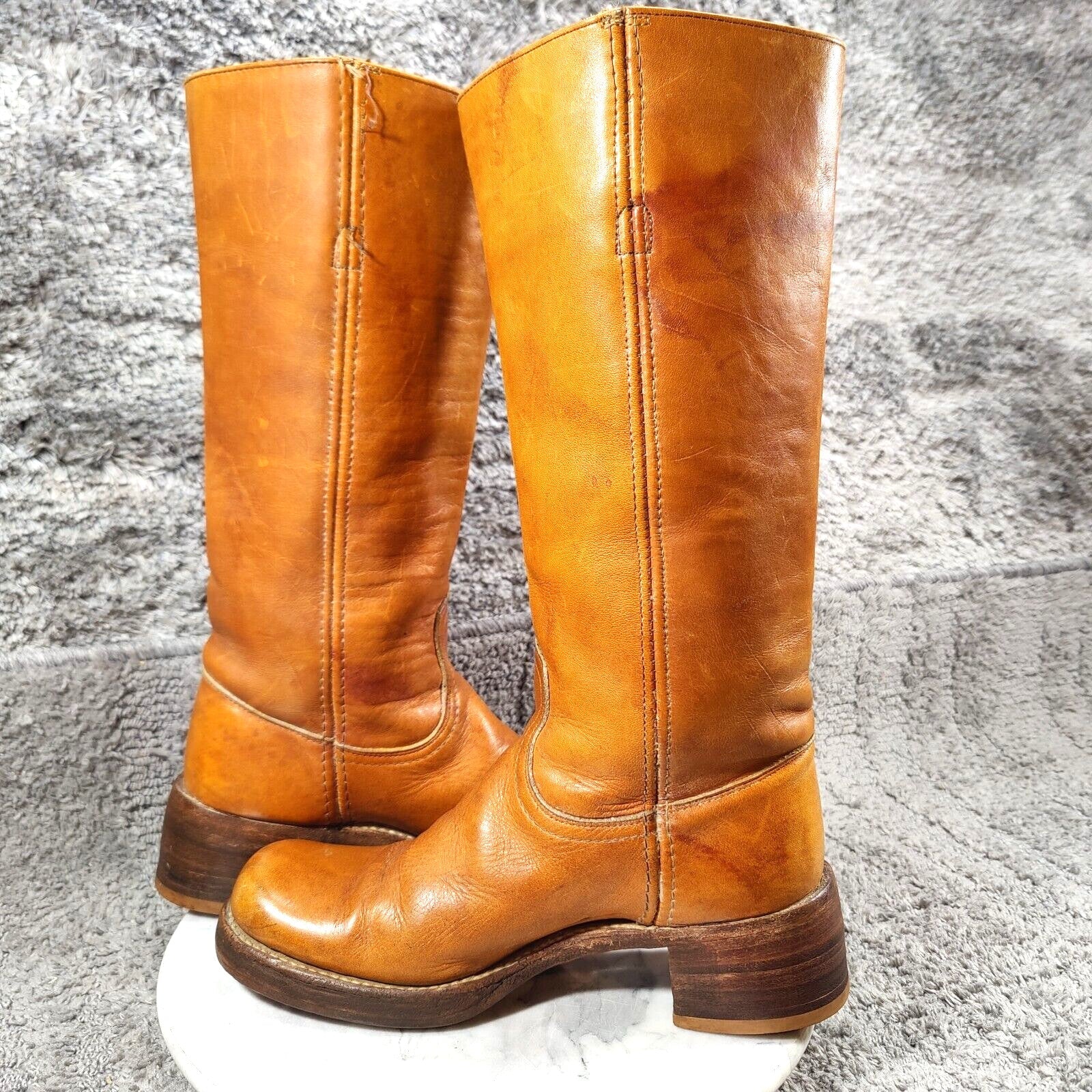 Vtg 60s 70s Frye Campus Boots Womens 7 Orange Tan Square Toe Black Label