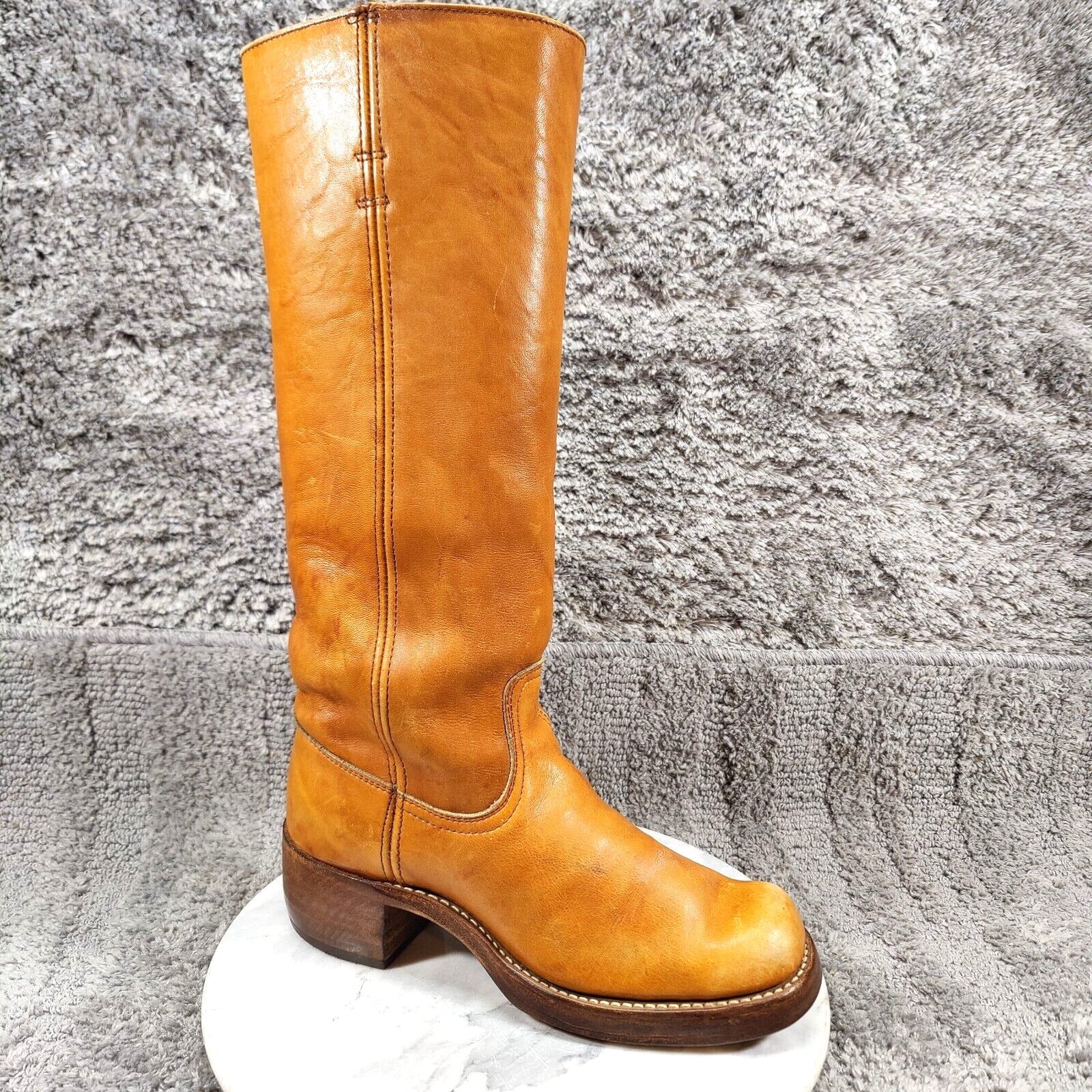 Vtg 70s Frye Campus Boots Womens 7 Sunrise Orange Marbled Square Toe Black Label