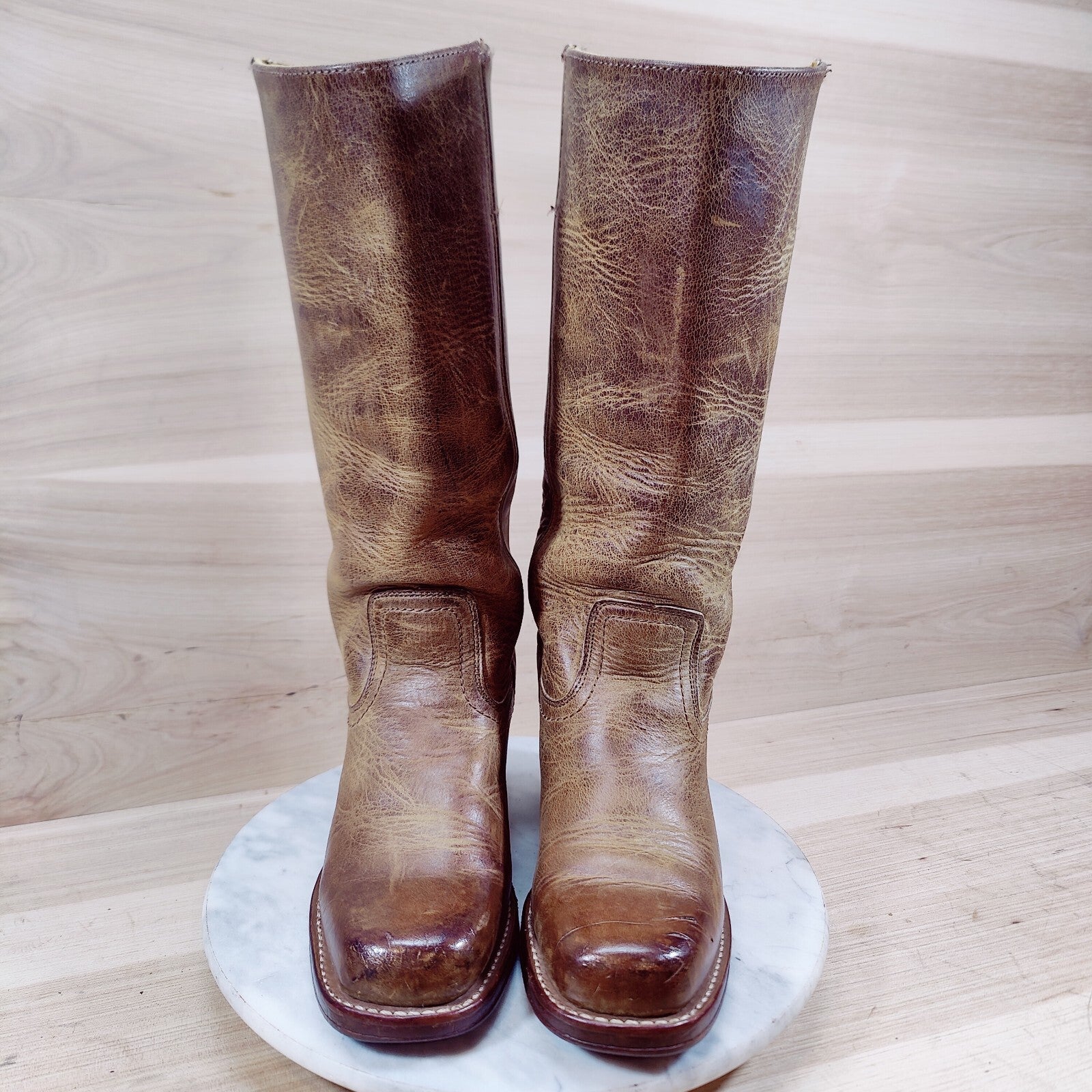 Vintage Frye Campus Boots Women 6 M Golden Brown Square Toe 14L Distressed