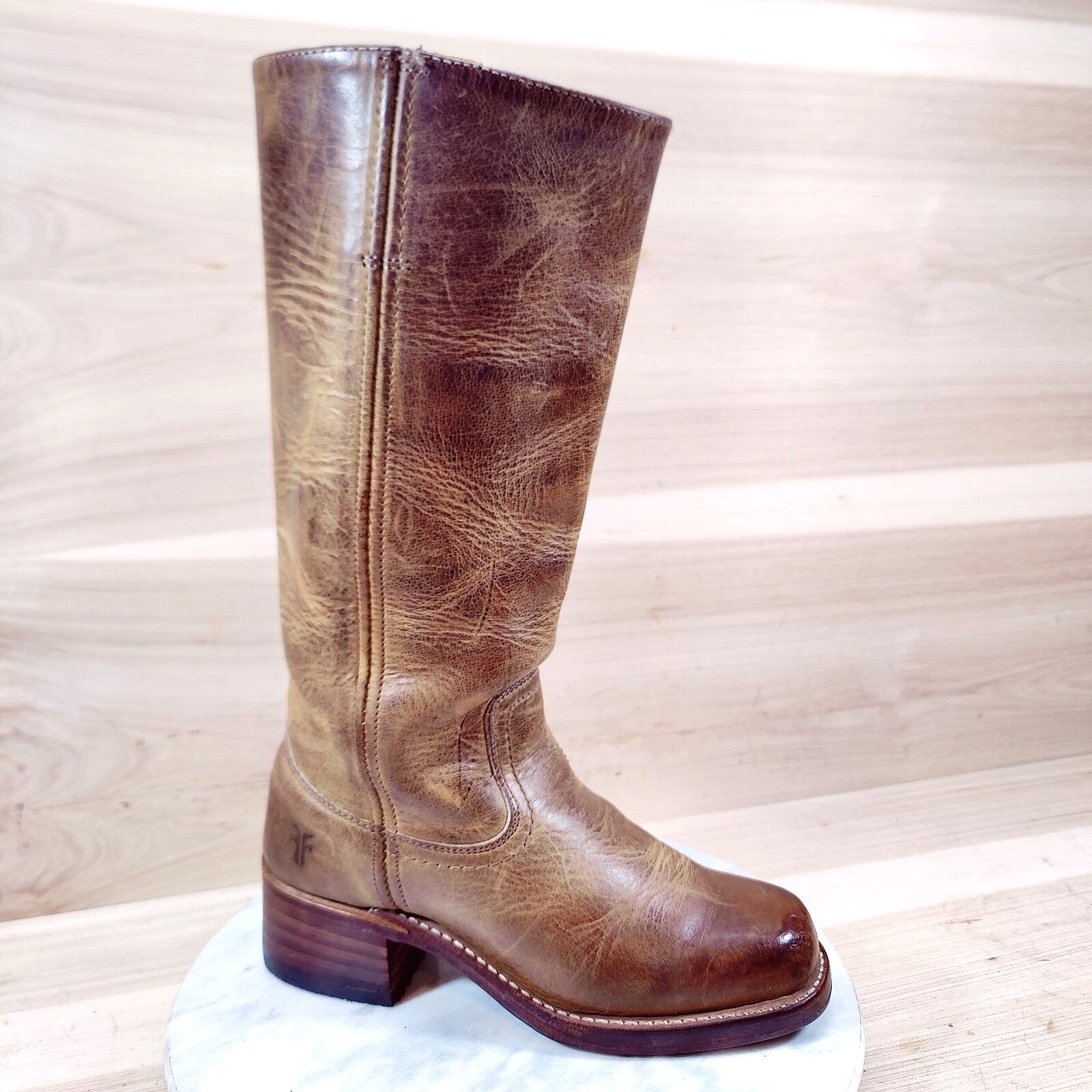 Vintage Frye Campus Boots Women 6 M Golden Brown Square Toe 14L Distressed