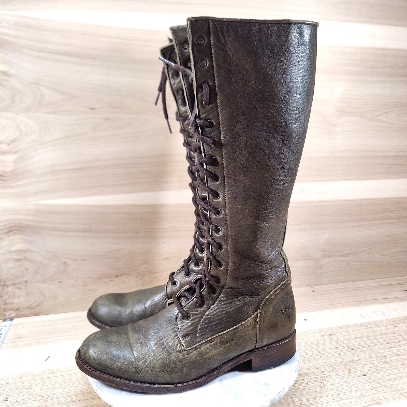 Vintage Frye Vienna Tall Lace Up Boots Women 9.5 M Green Combat Knee High