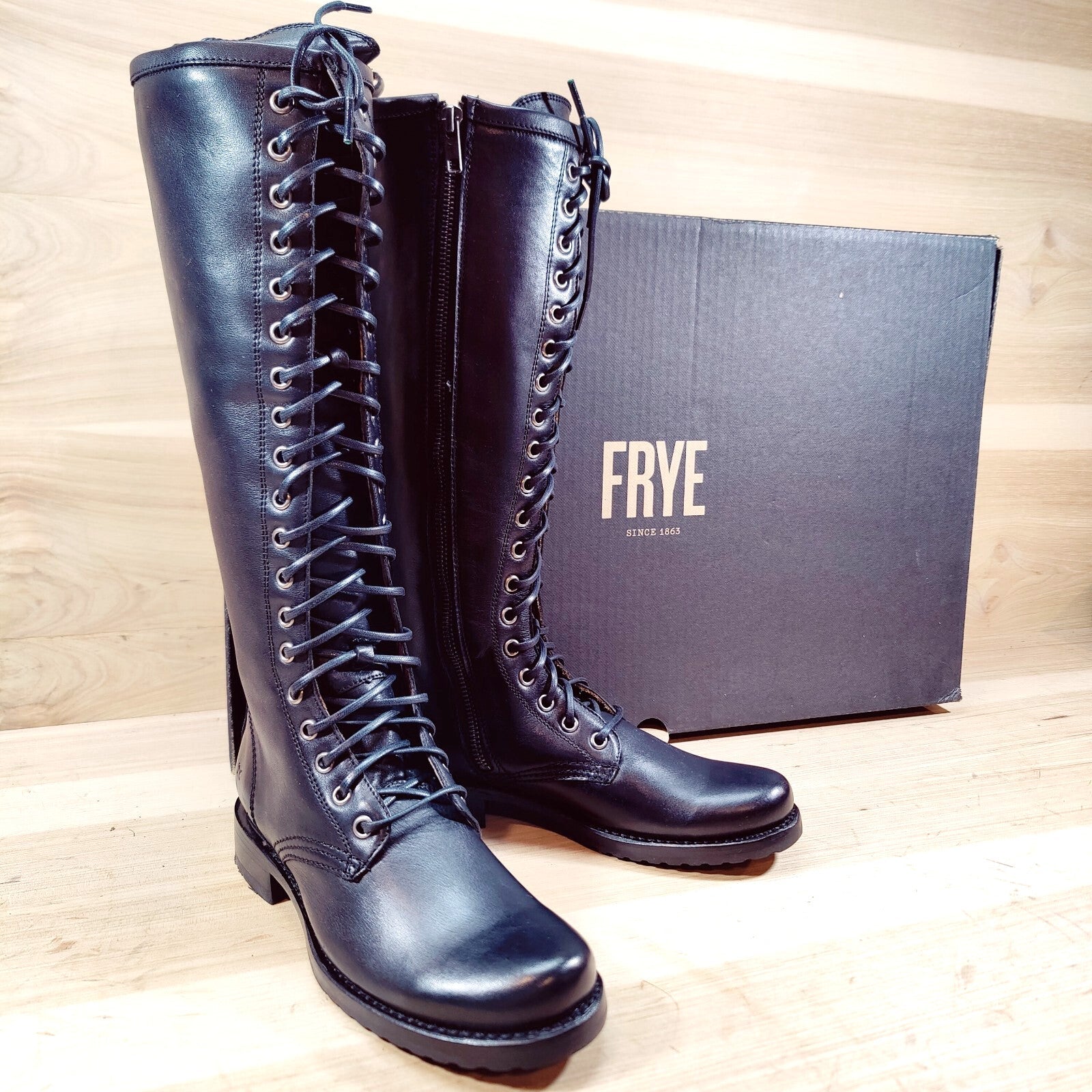 Frye Veronica Lace Up Tall Boots Womens 6.5 B Black Combat Hunger Games