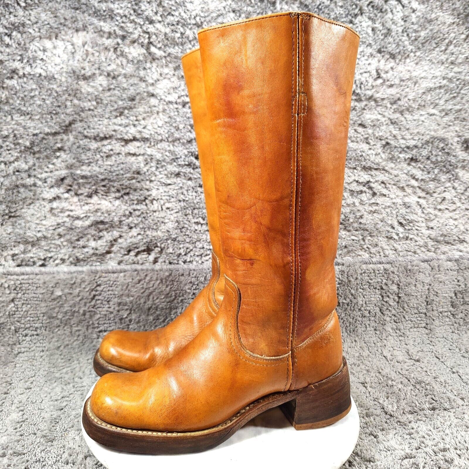 Vtg 60s 70s Frye Campus Boots Womens 7 Orange Tan Square Toe Black Label